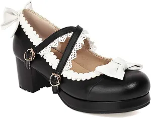 VOKLIN Women's Girls Lolita Mary Jane Shoes Sweet Bow Cross Ankle Strap Mid Heels Cosplay Oxford Dress Pumps