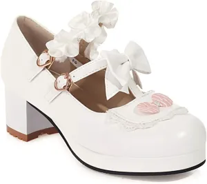 VOKLIN Women's Girls Lolita Mary Jane Shoes Sweet Bow Lace Ankle Strap Platform Mid Heel Oxford Dress Pumps
