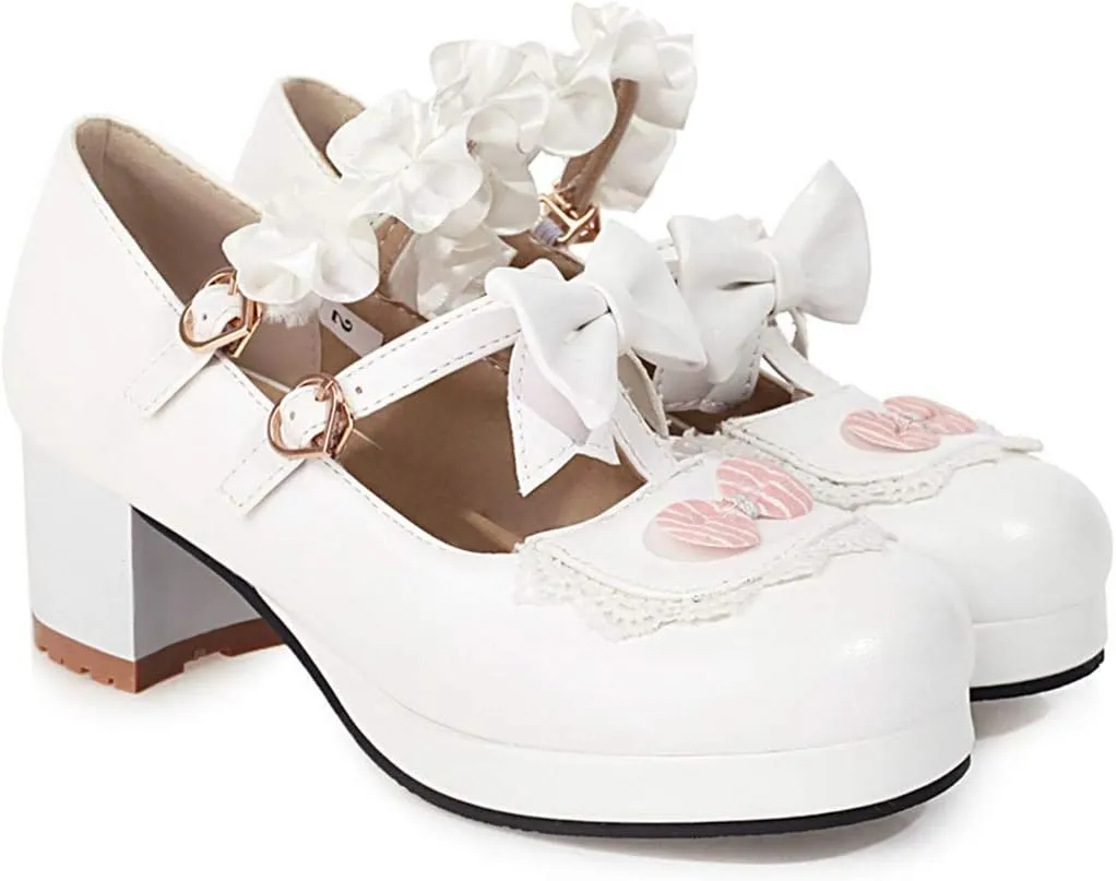 VOKLIN Women's Girls Lolita Mary Jane Shoes Sweet Bow Lace Ankle Strap Platform Mid Heel Oxford Dress Pumps