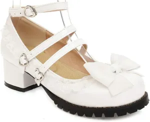 VOKLIN Women's Girls Lolita Mary Janes Shoes Princess Ankle Strap Low Heels Sweet Bow Lace Oxford Dress Pumps