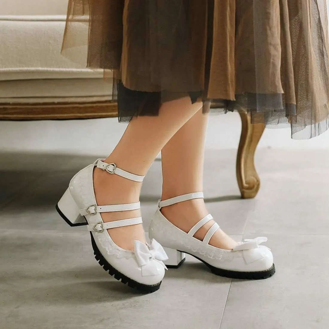 VOKLIN Women's Girls Lolita Mary Janes Shoes Princess Ankle Strap Low Heels Sweet Bow Lace Oxford Dress Pumps