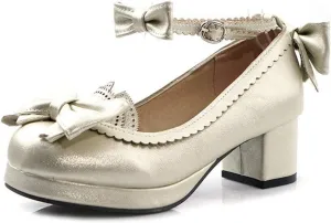 VOKLIN Women's Girls Princess Mary Janes Pumps Sweet Bow Ankle Strap Block Mid Heel Lolita Oxford Dress Shoes