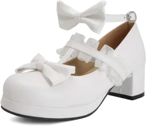 VOKLIN Women's Girls Sweet Bow Lolita Mary Janes Pumps Ankle Strap Platform Block Mid Heel Oxford Dress Shoes