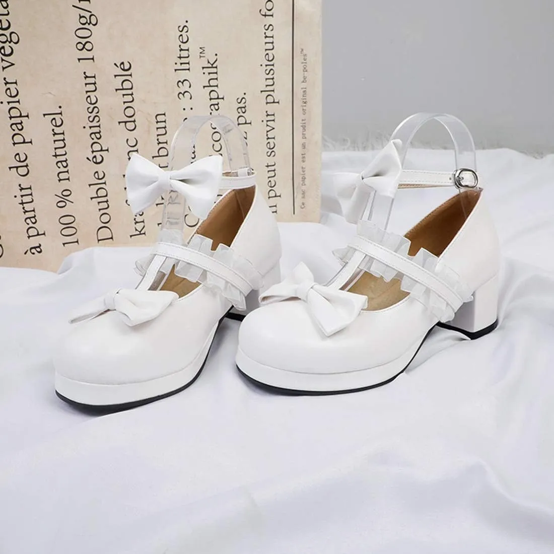 VOKLIN Women's Girls Sweet Bow Lolita Mary Janes Pumps Ankle Strap Platform Block Mid Heel Oxford Dress Shoes