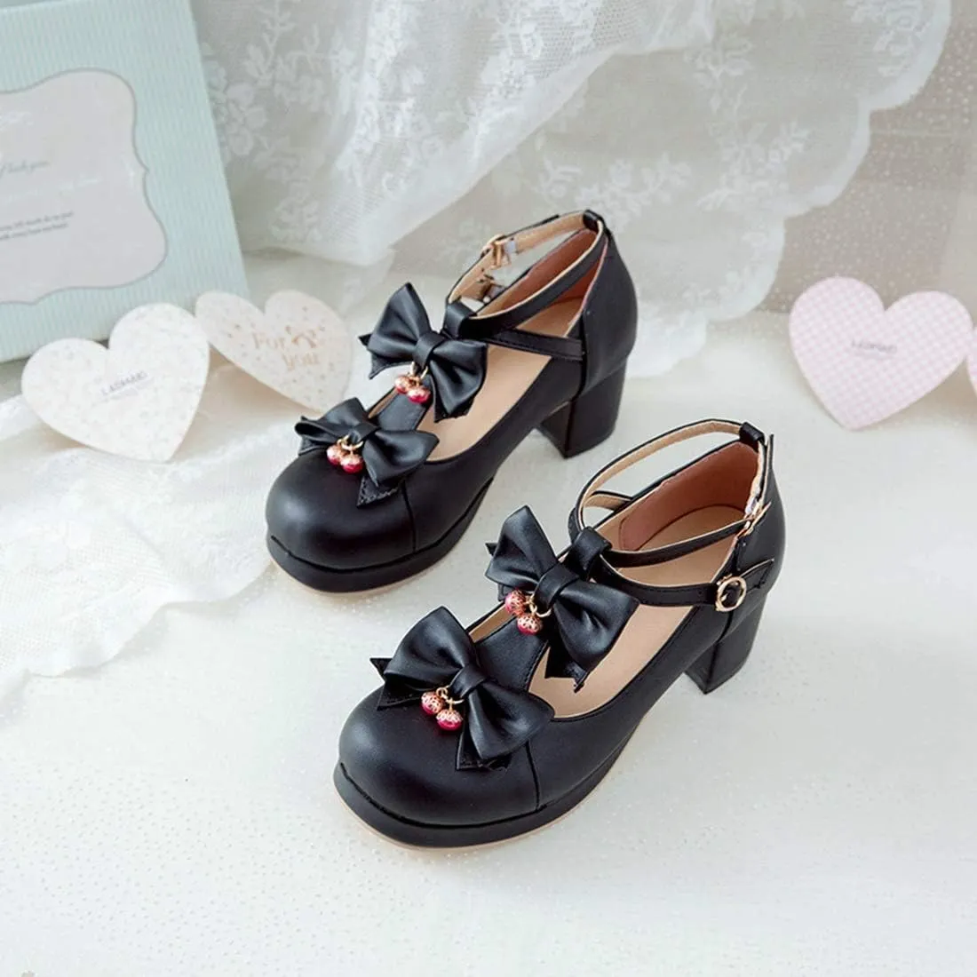 VOKLIN Women's Girls Sweet Bow Lolita Mary Janes Pumps T-Strap Platform Block Mid Heels Oxford Dress Shoes