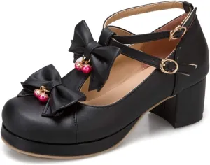 VOKLIN Women's Girls Sweet Bow Lolita Mary Janes Pumps T-Strap Platform Block Mid Heels Oxford Dress Shoes
