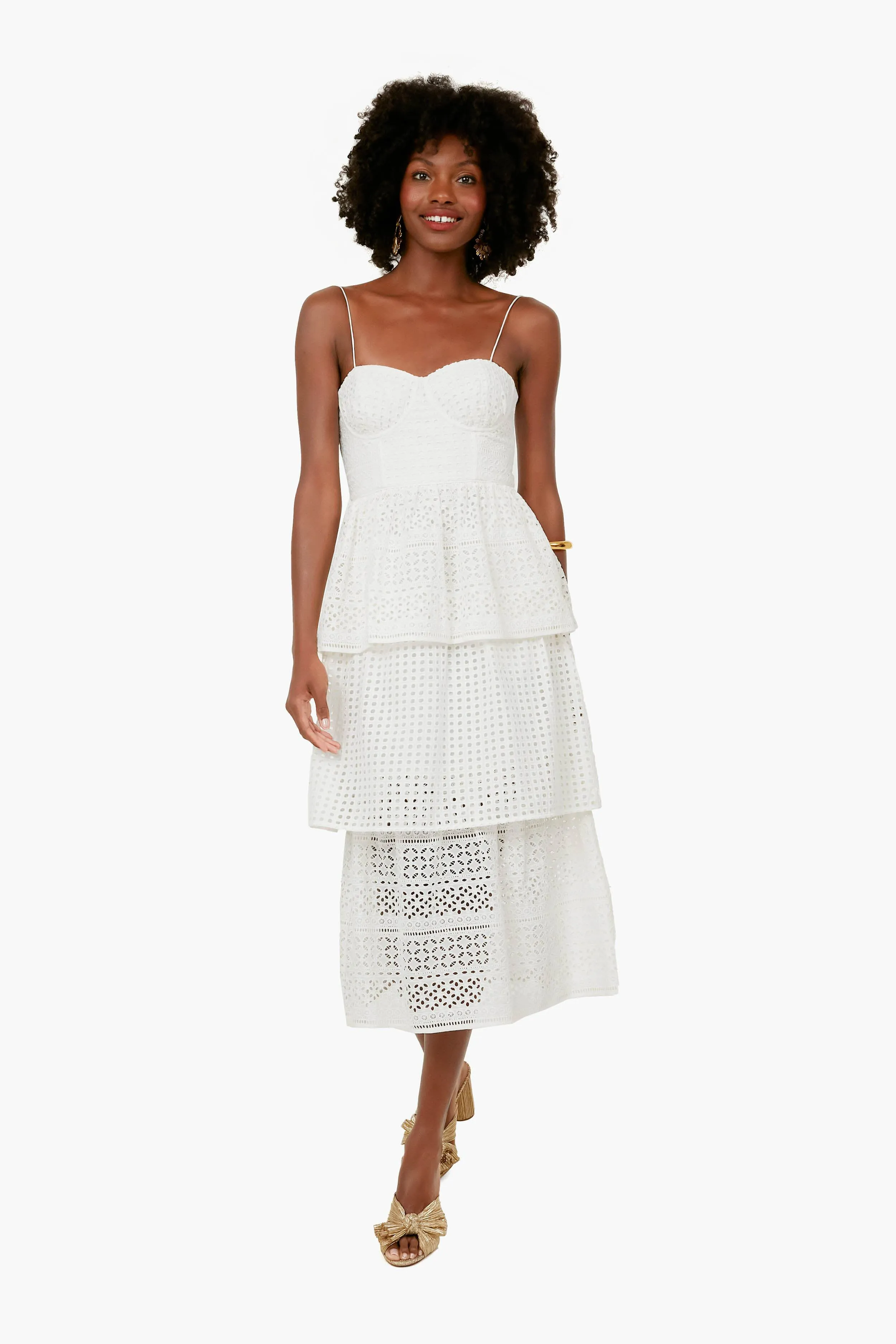 White Cotton Broderie Anglaise Midi Dress