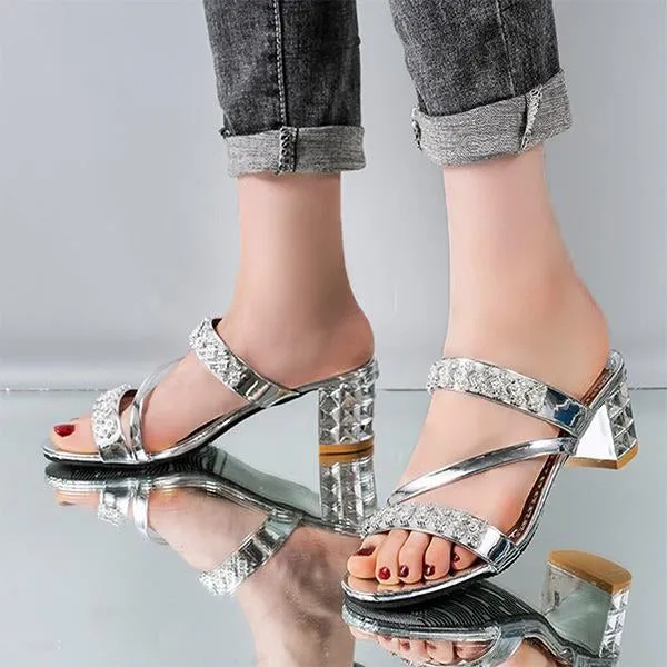 Women's Fashion Rhinestone Block Heel Slippers 85064268S