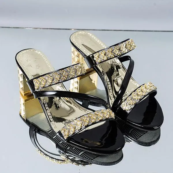 Women's Fashion Rhinestone Block Heel Slippers 85064268S