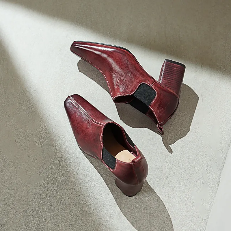 Women's Horse Leather Square Toe Block Heeled Slip-On Pumps Casual Shoes in Red/Black