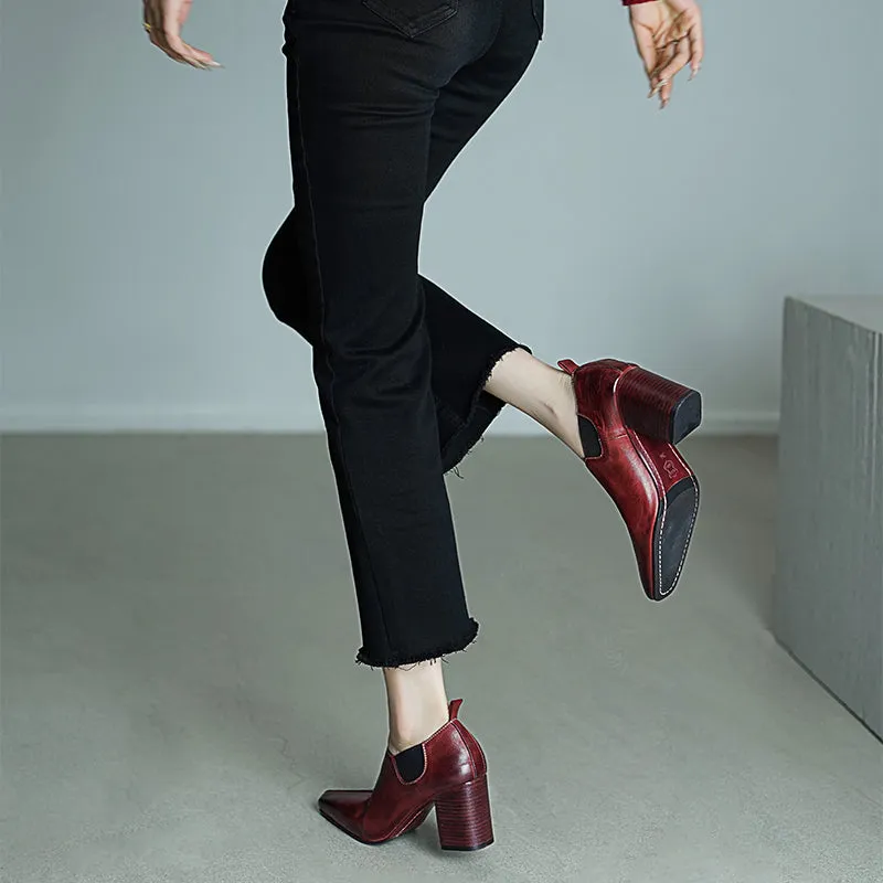 Women's Horse Leather Square Toe Block Heeled Slip-On Pumps Casual Shoes in Red/Black