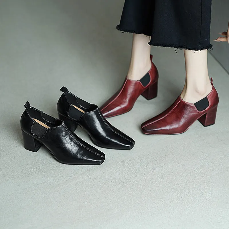 Women's Horse Leather Square Toe Block Heeled Slip-On Pumps Casual Shoes in Red/Black