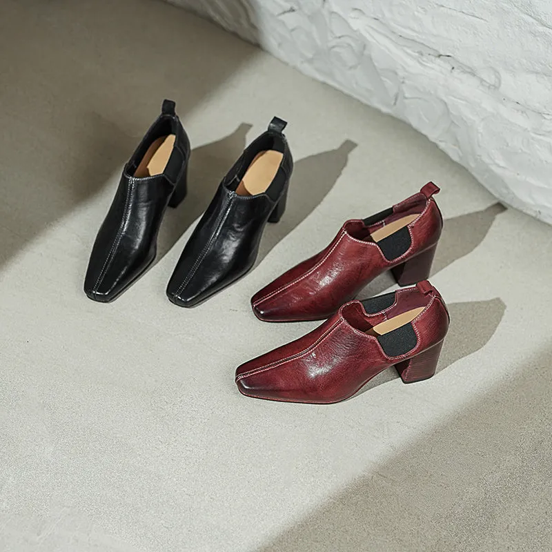 Women's Horse Leather Square Toe Block Heeled Slip-On Pumps Casual Shoes in Red/Black