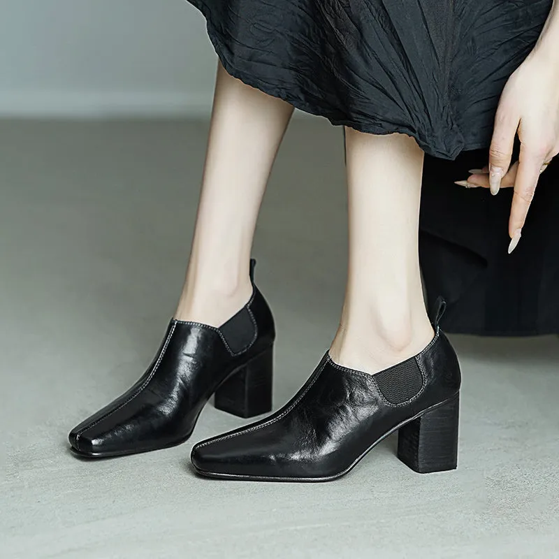 Women's Horse Leather Square Toe Block Heeled Slip-On Pumps Casual Shoes in Red/Black