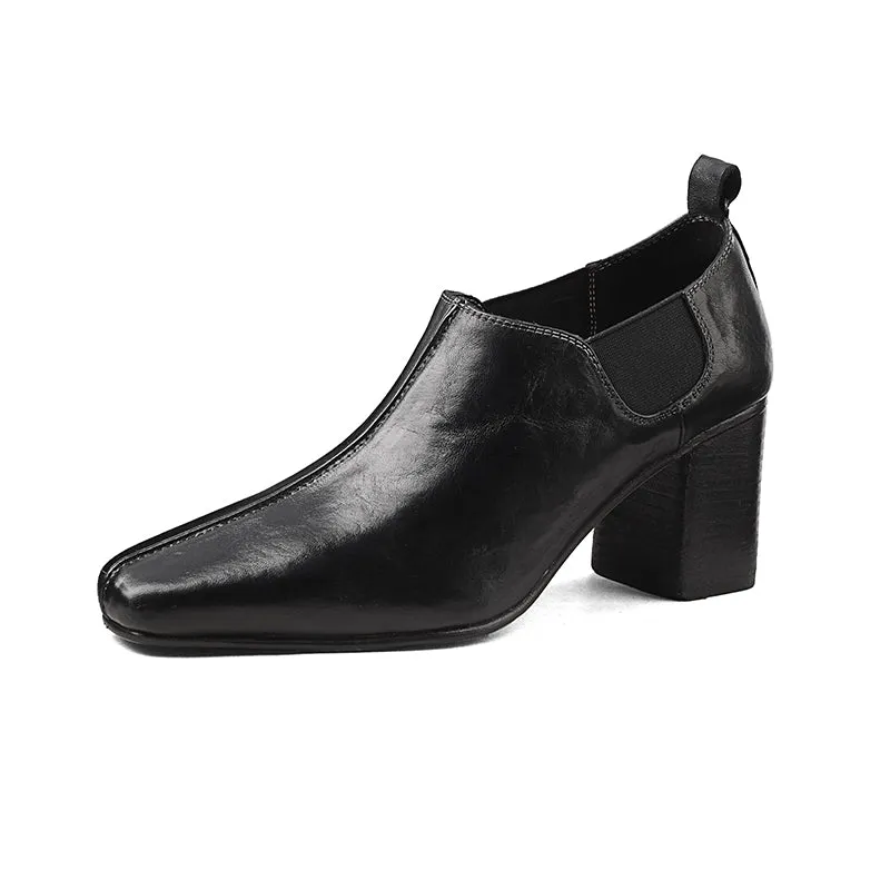 Women's Horse Leather Square Toe Block Heeled Slip-On Pumps Casual Shoes in Red/Black