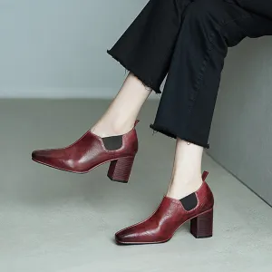 Women's Horse Leather Square Toe Block Heeled Slip-On Pumps Casual Shoes in Red/Black