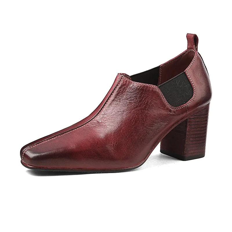 Women's Horse Leather Square Toe Block Heeled Slip-On Pumps Casual Shoes in Red/Black