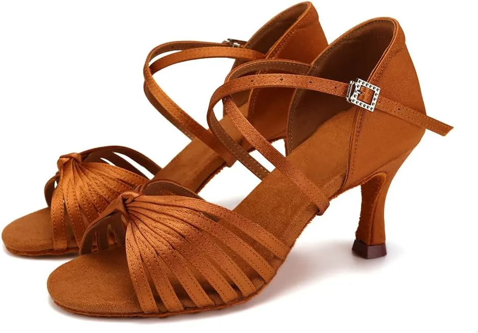 Women's Latin Dance Shoes Satin Open Toe Professional Ballroom Salsa Practice Performance Dancing Shoes Suede Sole