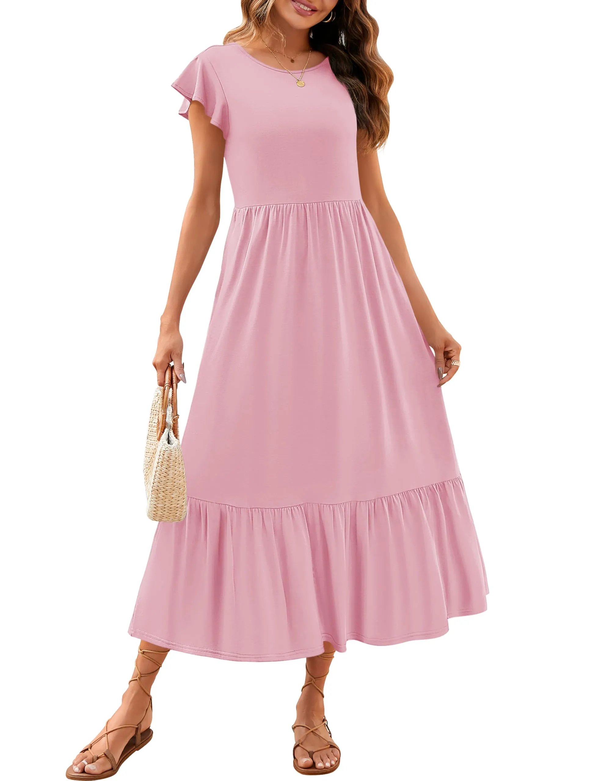 ZESICA Flutter Short Sleeve Crewneck Loose Tiered Maxi Dress