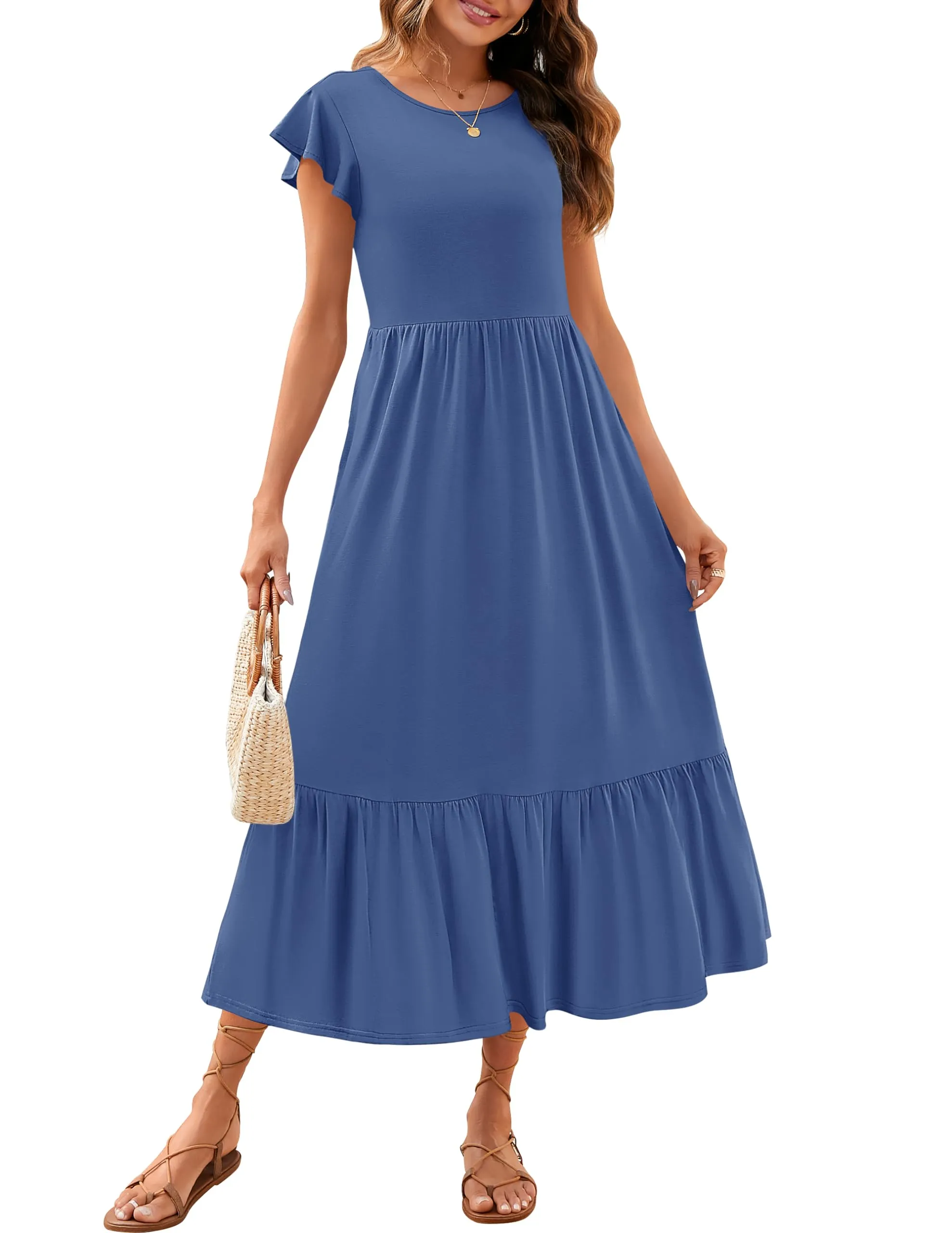 ZESICA Flutter Short Sleeve Crewneck Loose Tiered Maxi Dress