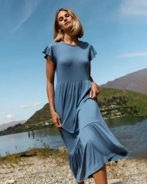 ZESICA Flutter Short Sleeve Crewneck Loose Tiered Maxi Dress