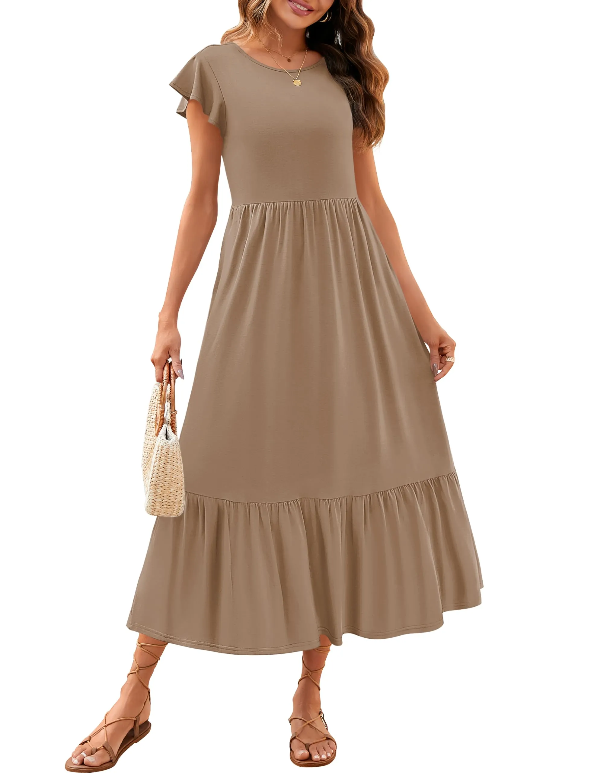 ZESICA Flutter Short Sleeve Crewneck Loose Tiered Maxi Dress