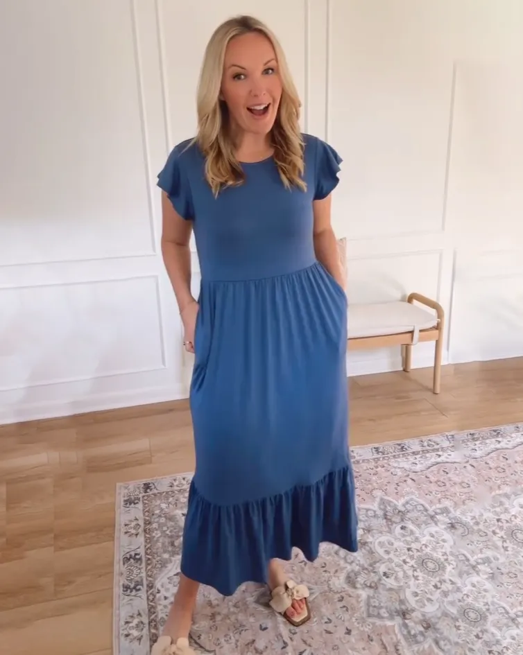 ZESICA Flutter Short Sleeve Crewneck Loose Tiered Maxi Dress
