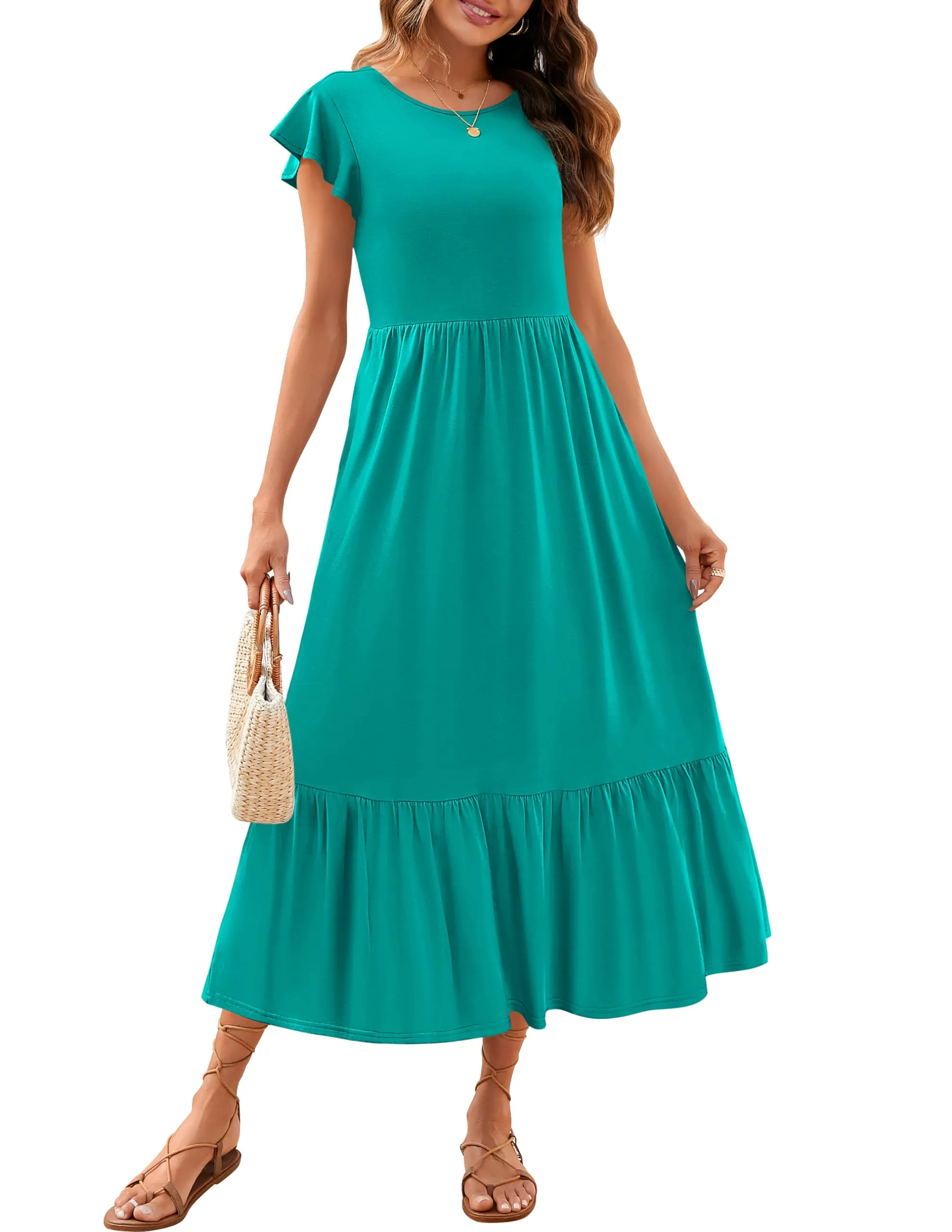 ZESICA Flutter Short Sleeve Crewneck Loose Tiered Maxi Dress