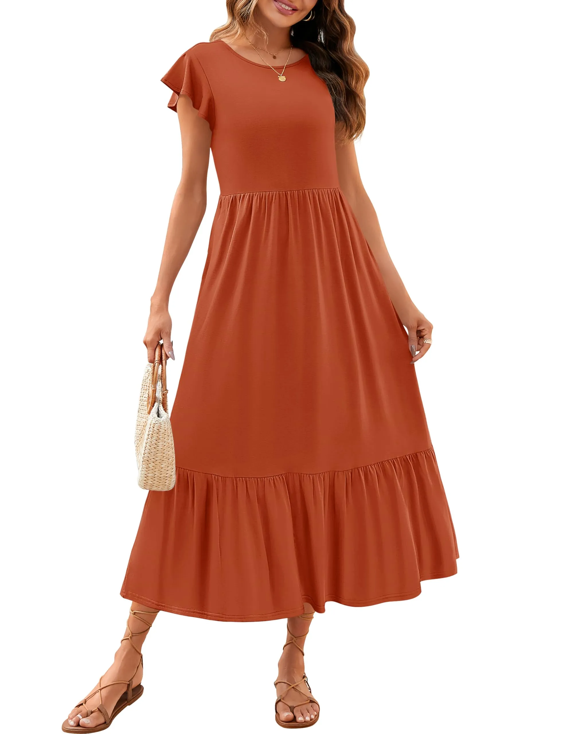 ZESICA Flutter Short Sleeve Crewneck Loose Tiered Maxi Dress