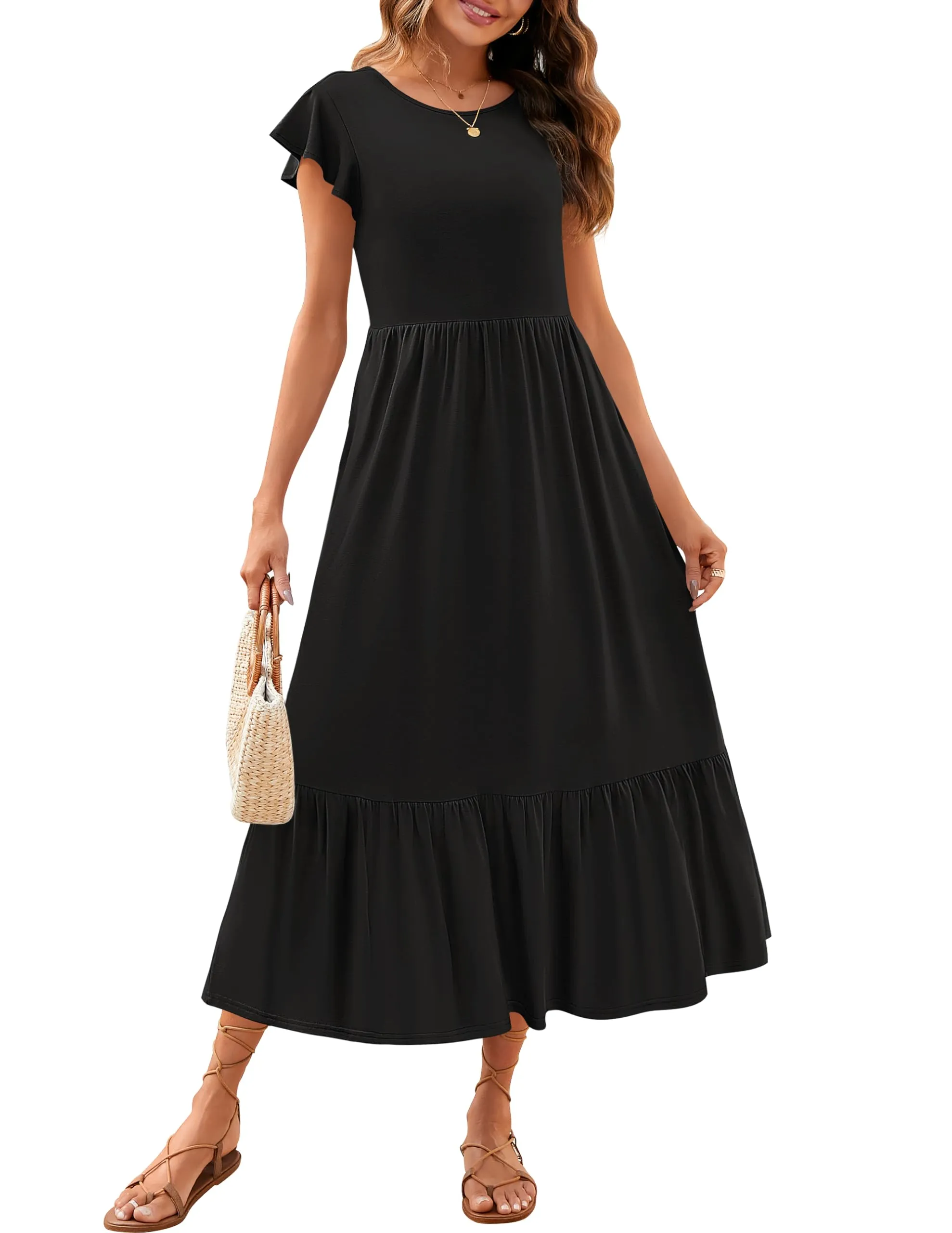 ZESICA Flutter Short Sleeve Crewneck Loose Tiered Maxi Dress