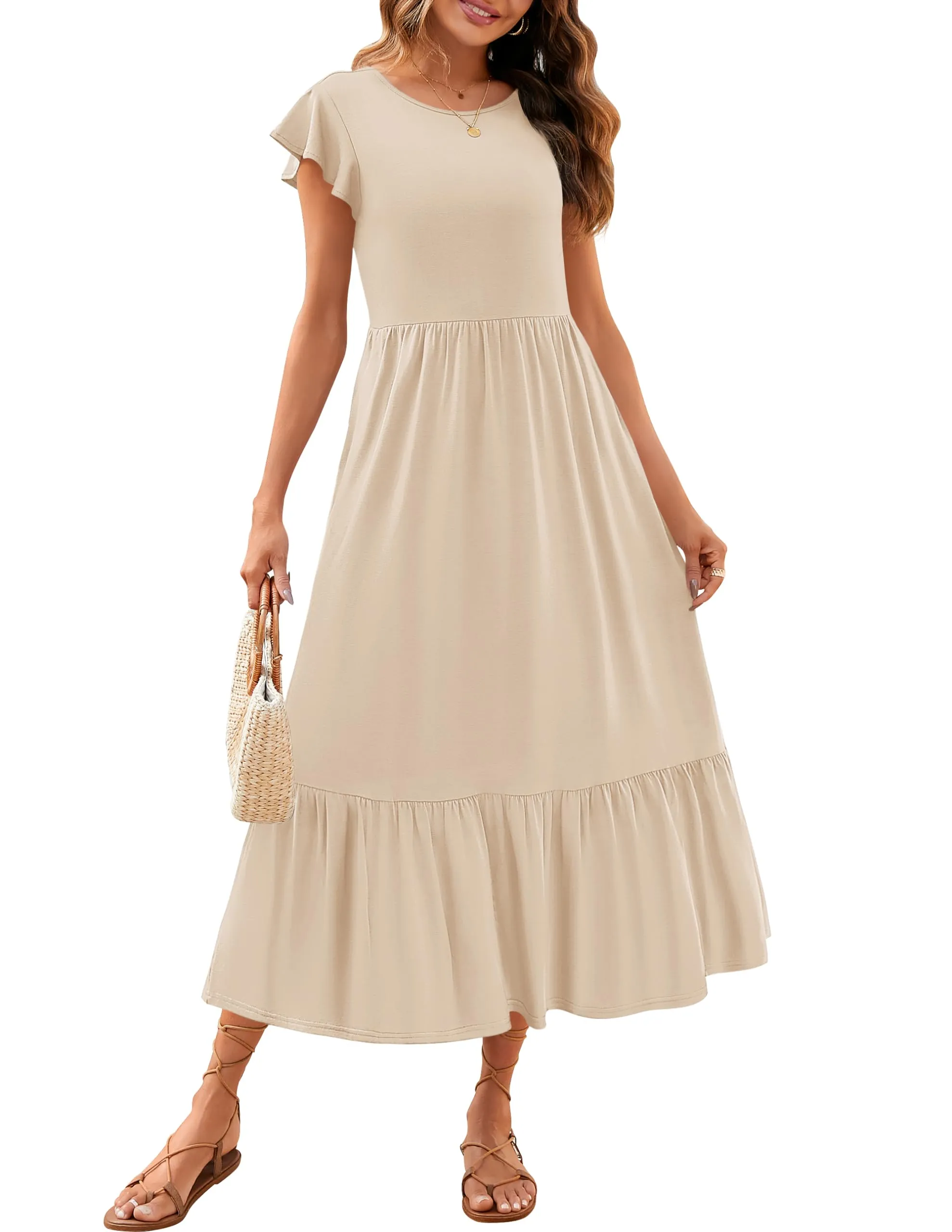 ZESICA Flutter Short Sleeve Crewneck Loose Tiered Maxi Dress