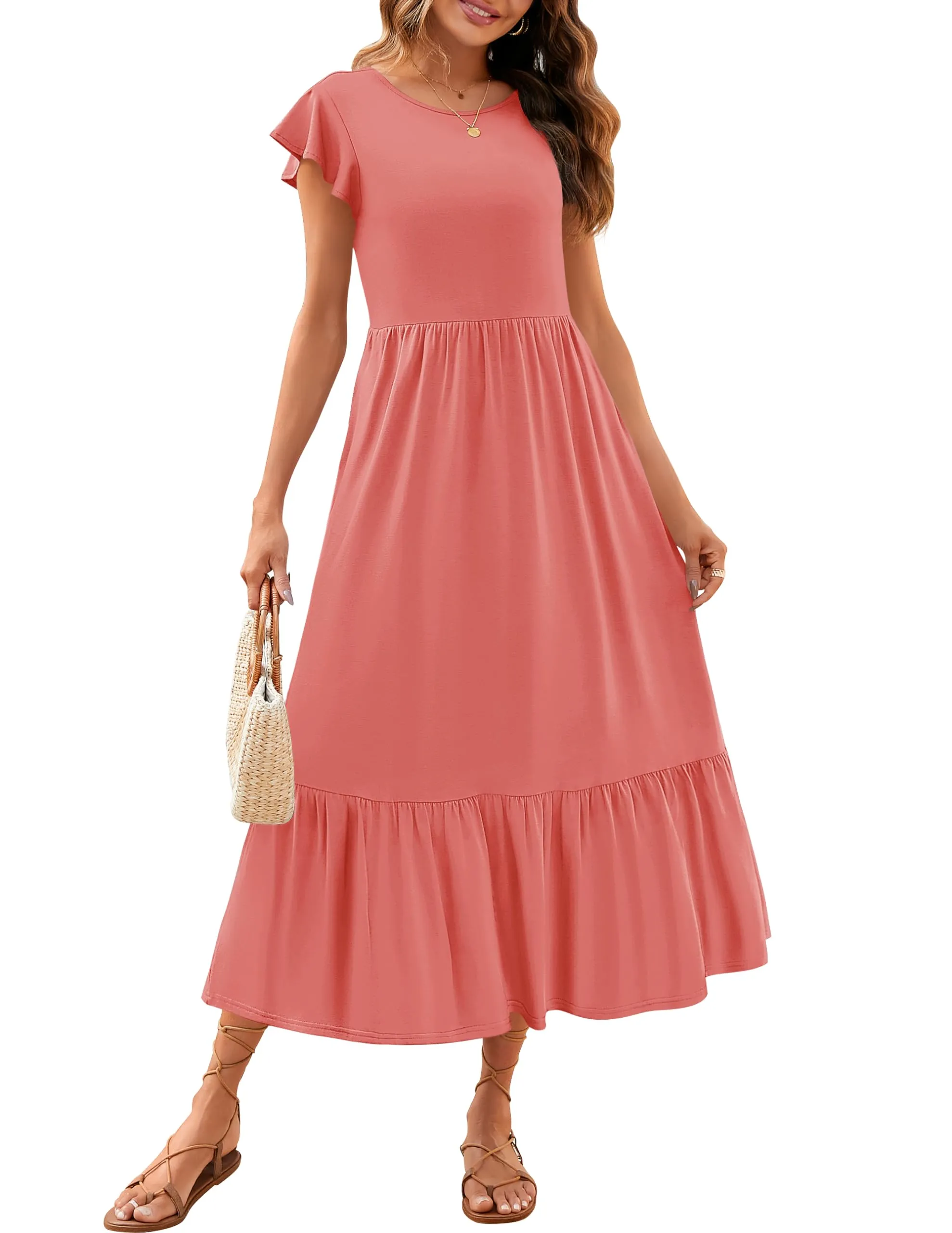 ZESICA Flutter Short Sleeve Crewneck Loose Tiered Maxi Dress